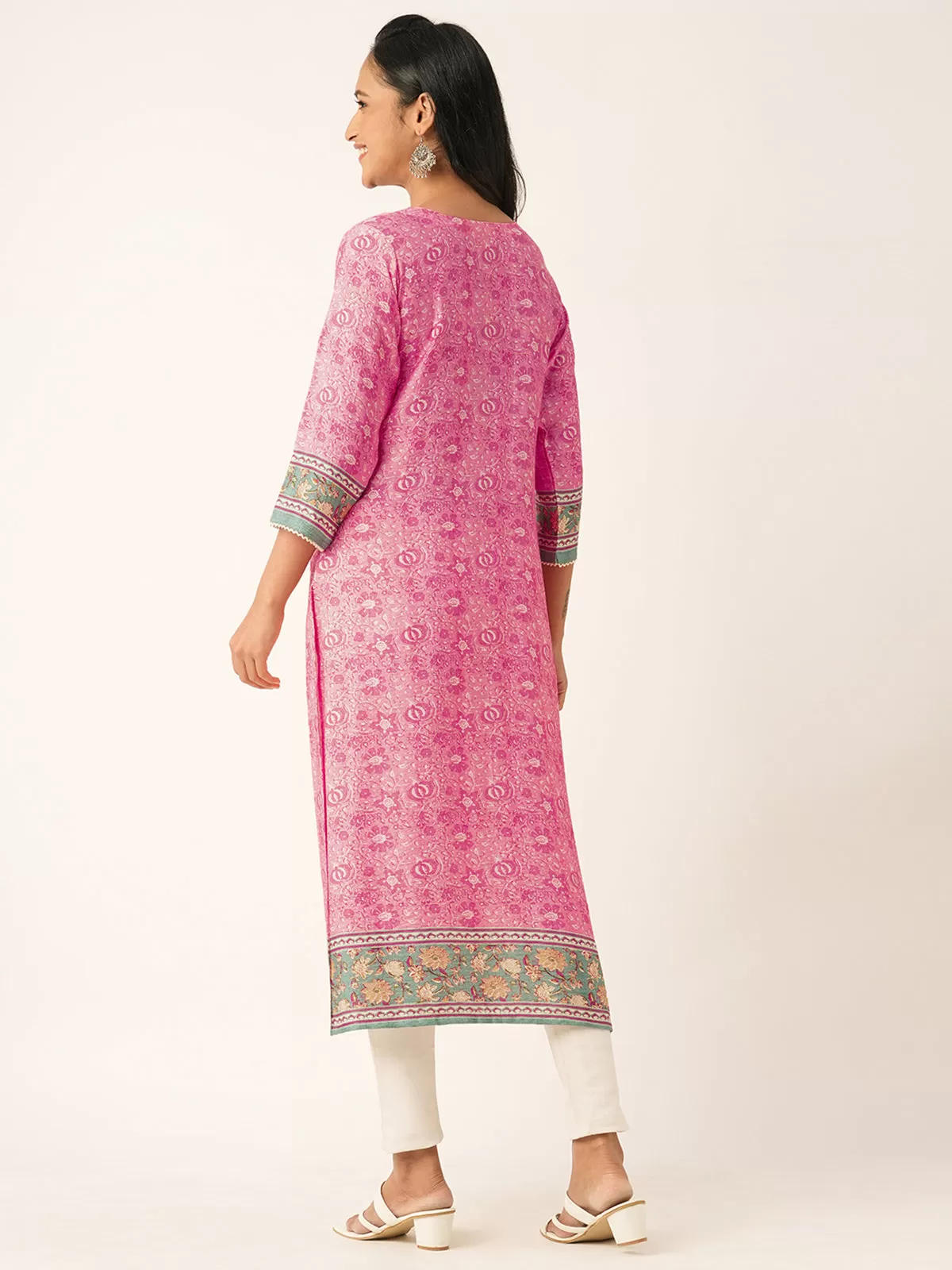 Odette Pink Chanderi Silk Printed Stitched Kurta for Women