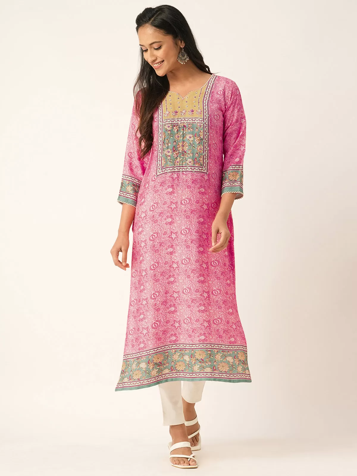 Odette Pink Chanderi Silk Printed Stitched Kurta for Women