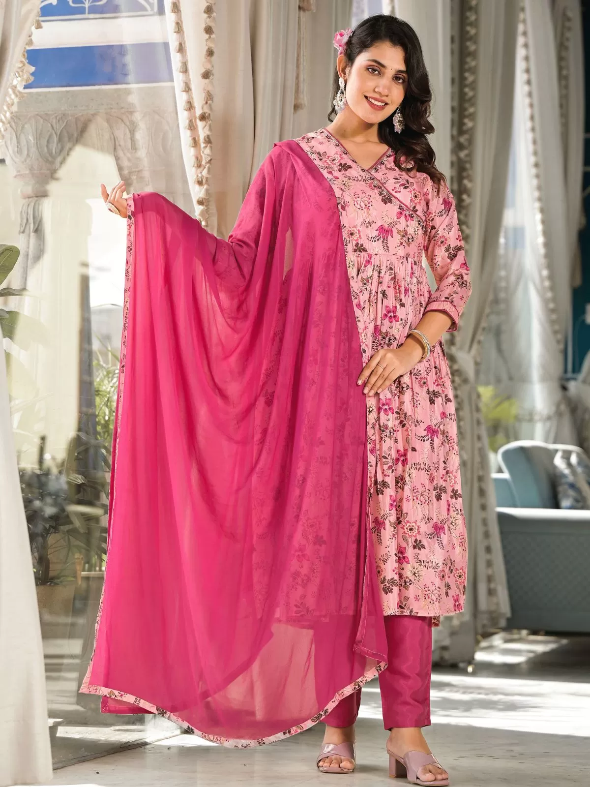 Odette Pink Printed Silk Blend Stitched Kurta Set For Women