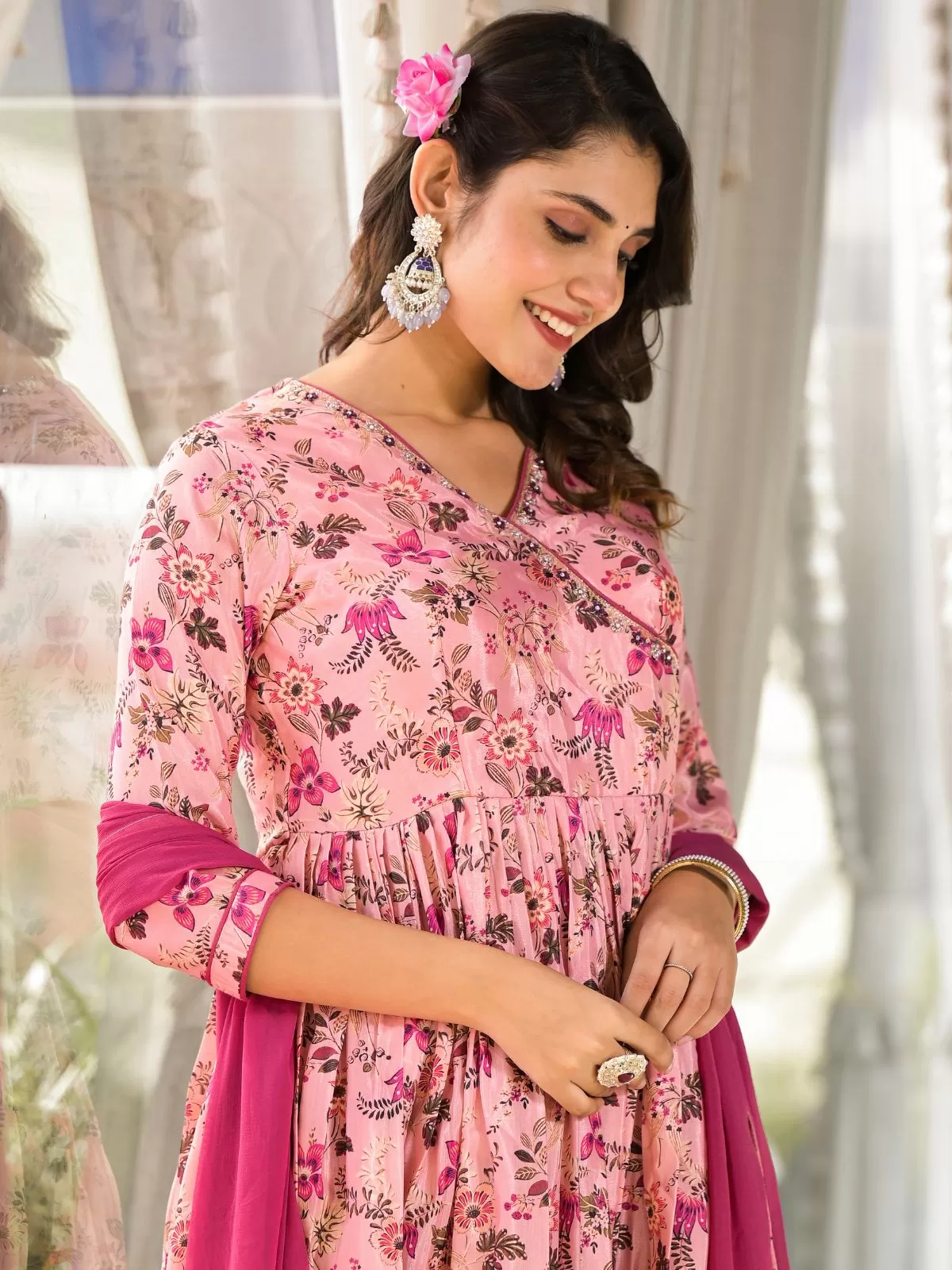 Odette Pink Printed Silk Blend Stitched Kurta Set For Women