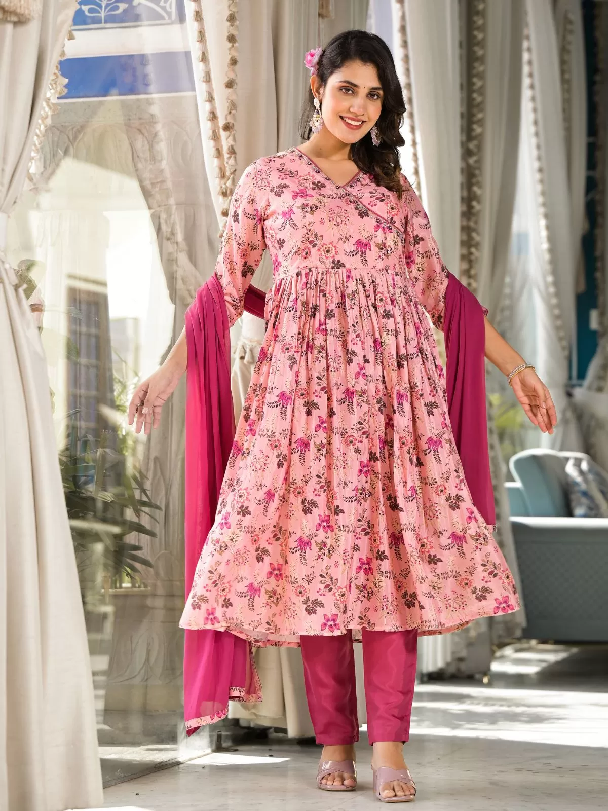 Odette Pink Printed Silk Blend Stitched Kurta Set For Women