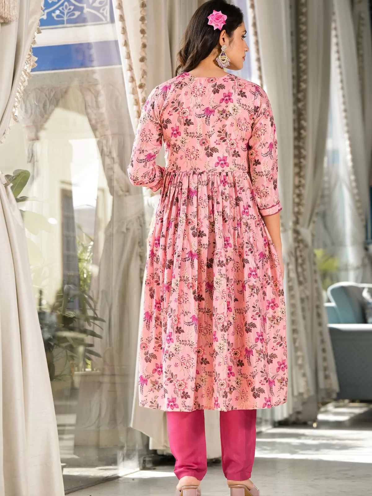 Odette Pink Printed Silk Blend Stitched Kurta Set For Women