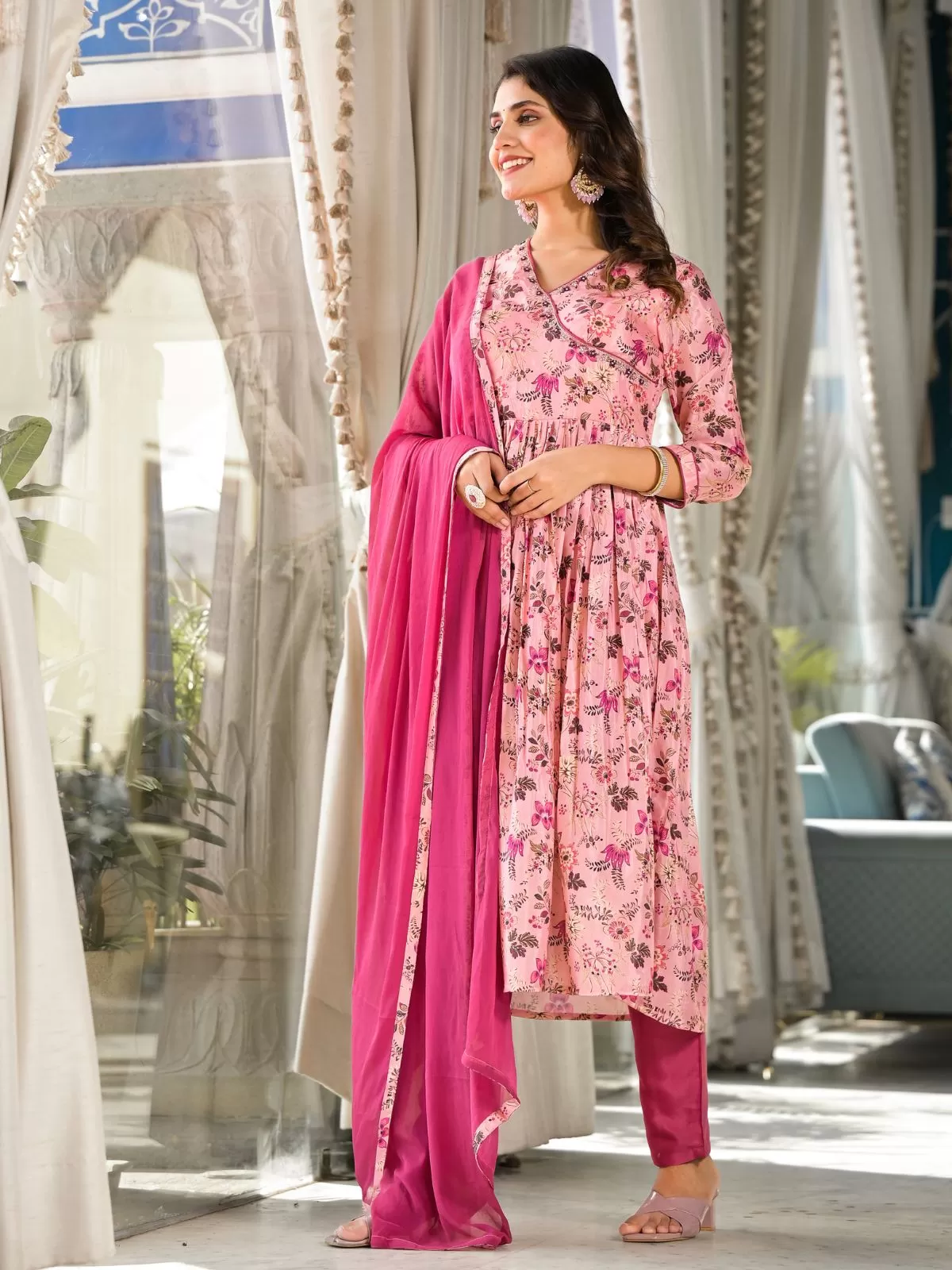 Odette Pink Printed Silk Blend Stitched Kurta Set For Women