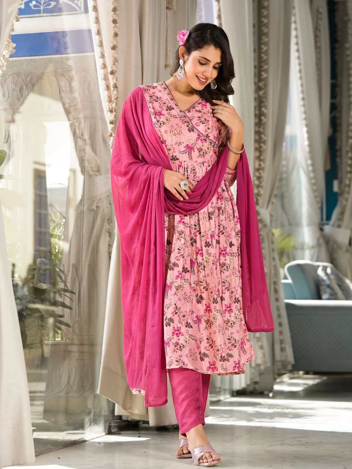 Odette Pink Printed Silk Blend Stitched Kurta Set For Women