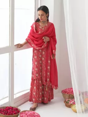 Odette Red Muslin Printed Stitched Kurta Set For Women