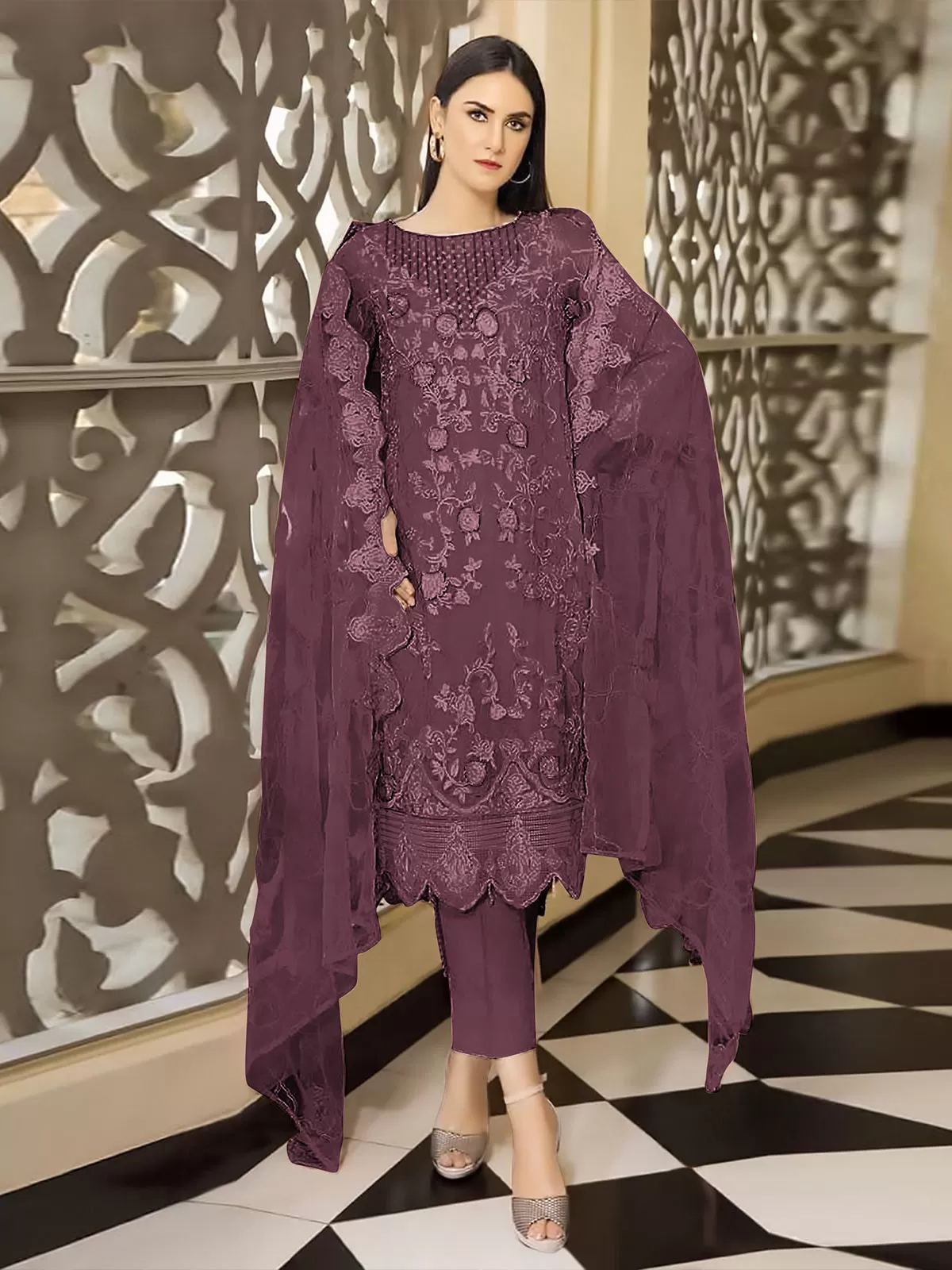 Odette Wine Georgette Embroidered Semi Stitched Kurta Set For Women