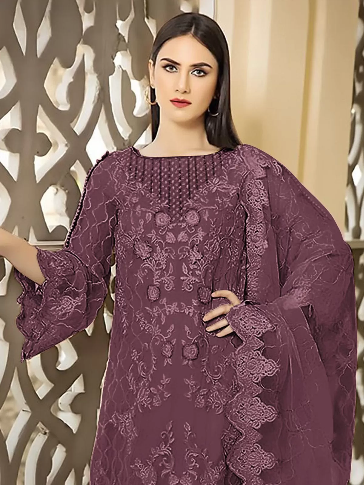 Odette Wine Georgette Embroidered Semi Stitched Kurta Set For Women