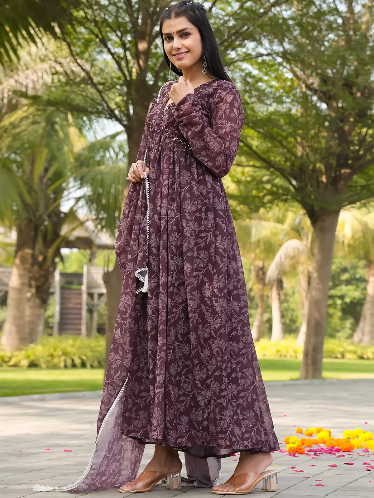 Odette Wine Georgette Stitched Gown With Dupatta For Women