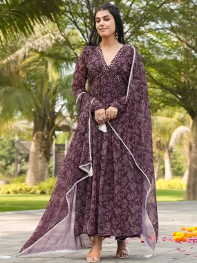 Odette Wine Georgette Stitched Gown With Dupatta For Women