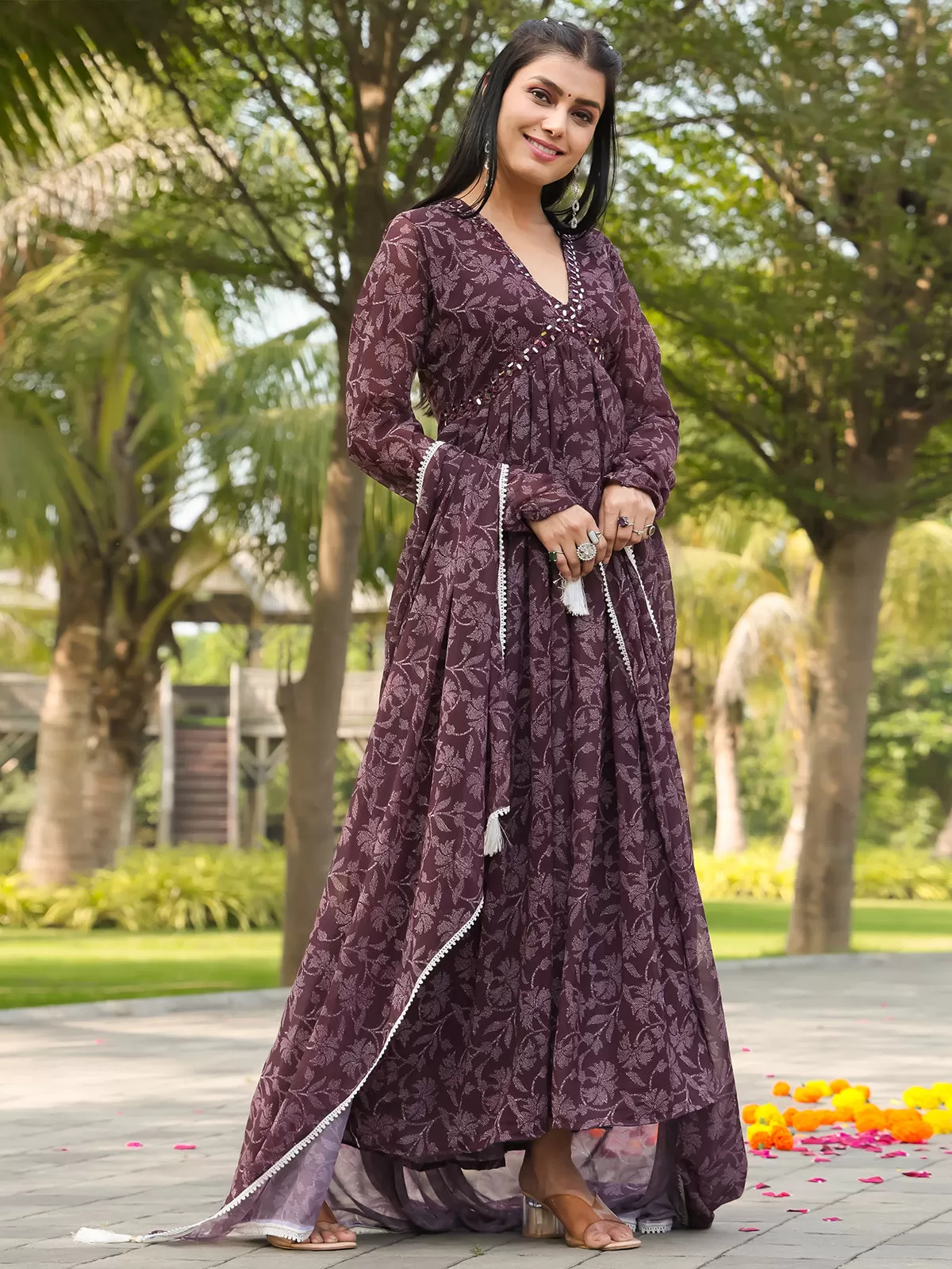 Odette Wine Georgette Stitched Gown With Dupatta For Women