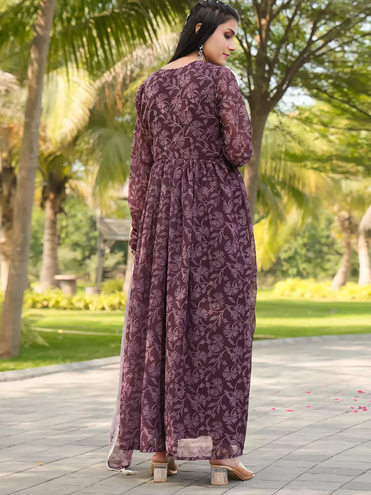 Odette Wine Georgette Stitched Gown With Dupatta For Women