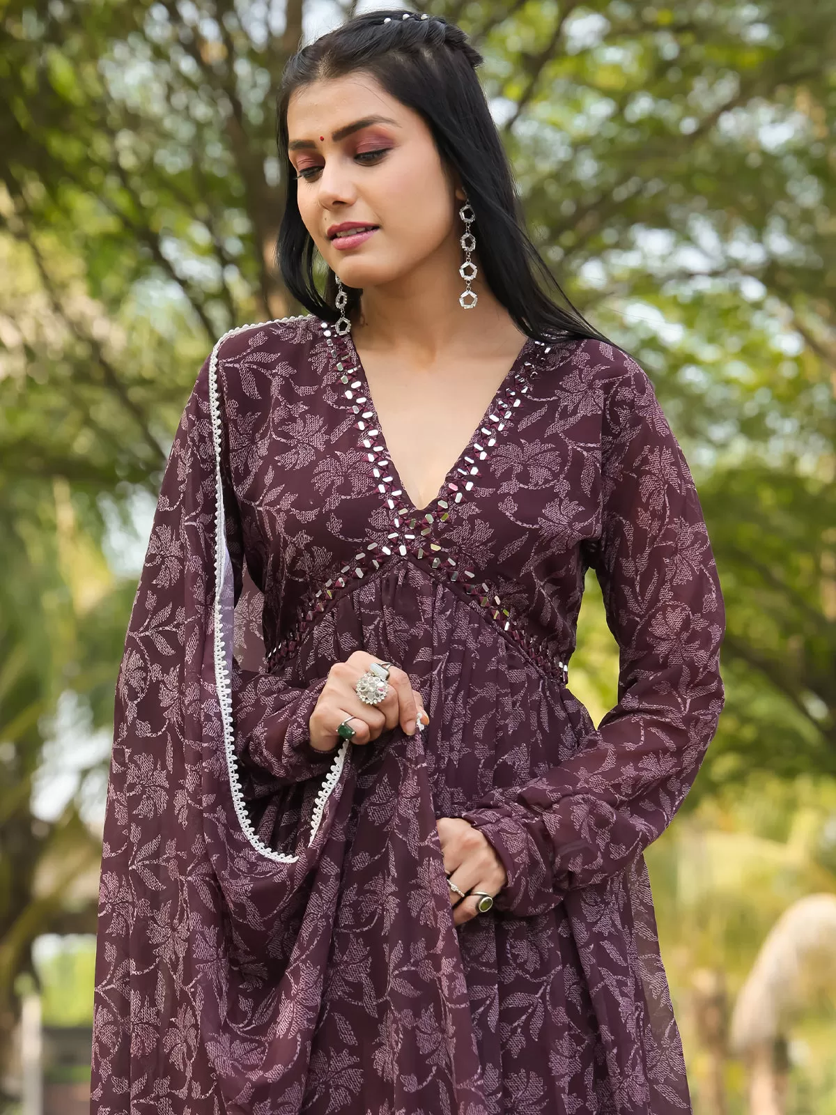 Odette Wine Georgette Stitched Gown With Dupatta For Women