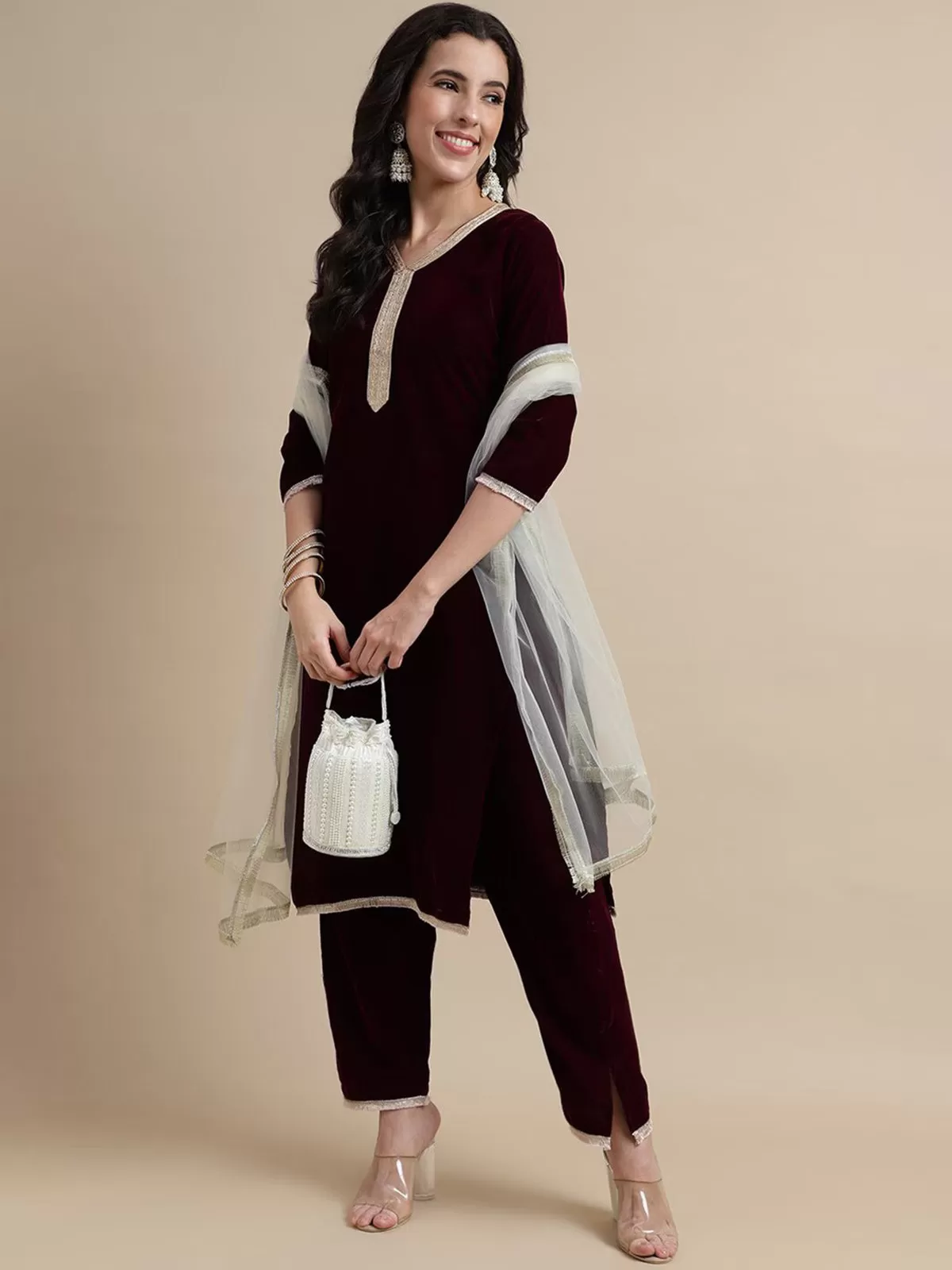 Odette Wine Velvet Embellished  Stitched Kurta Set For Women