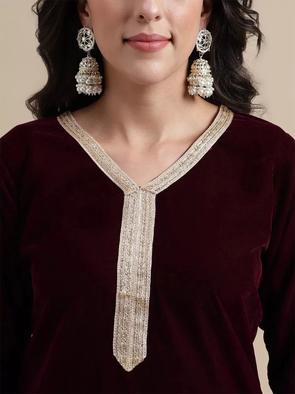 Odette Wine Velvet Embellished  Stitched Kurta Set For Women