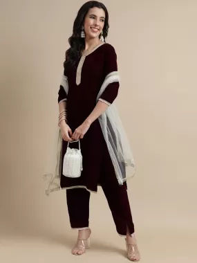 Odette Wine Velvet Embellished  Stitched Kurta Set For Women