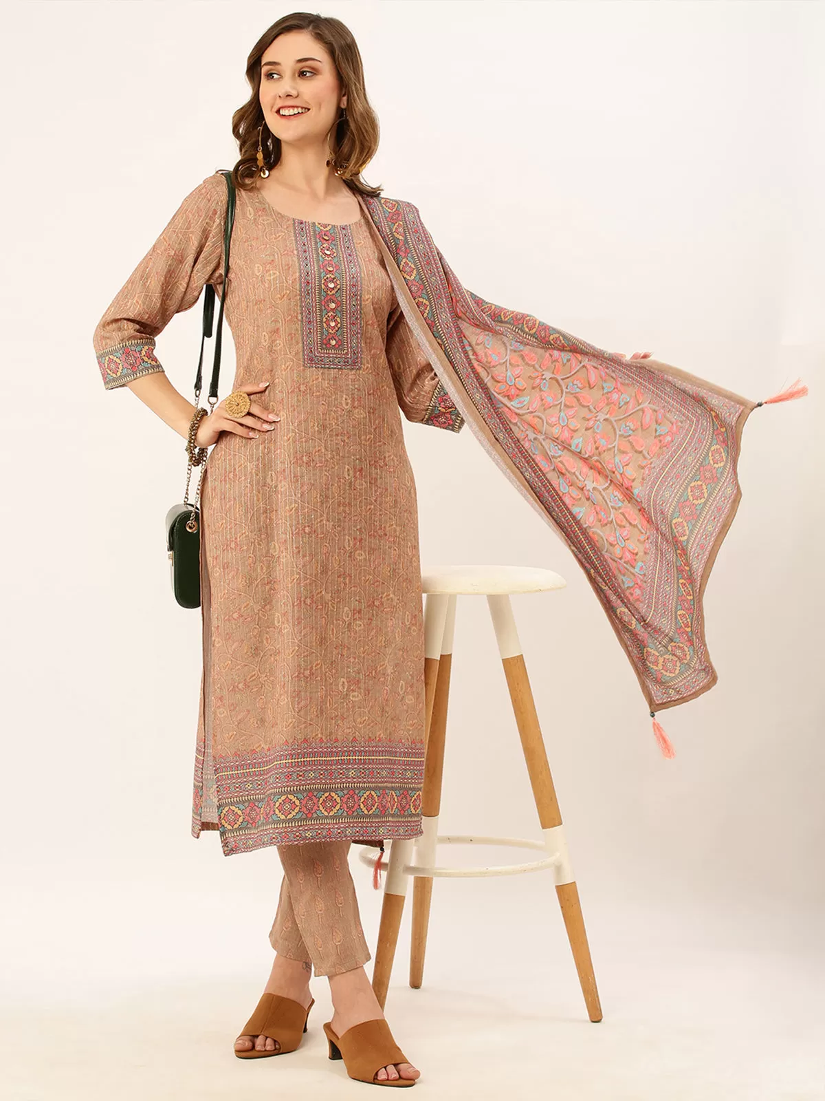 Odette Women Beige Printed Rayon Stitched Kurta Set