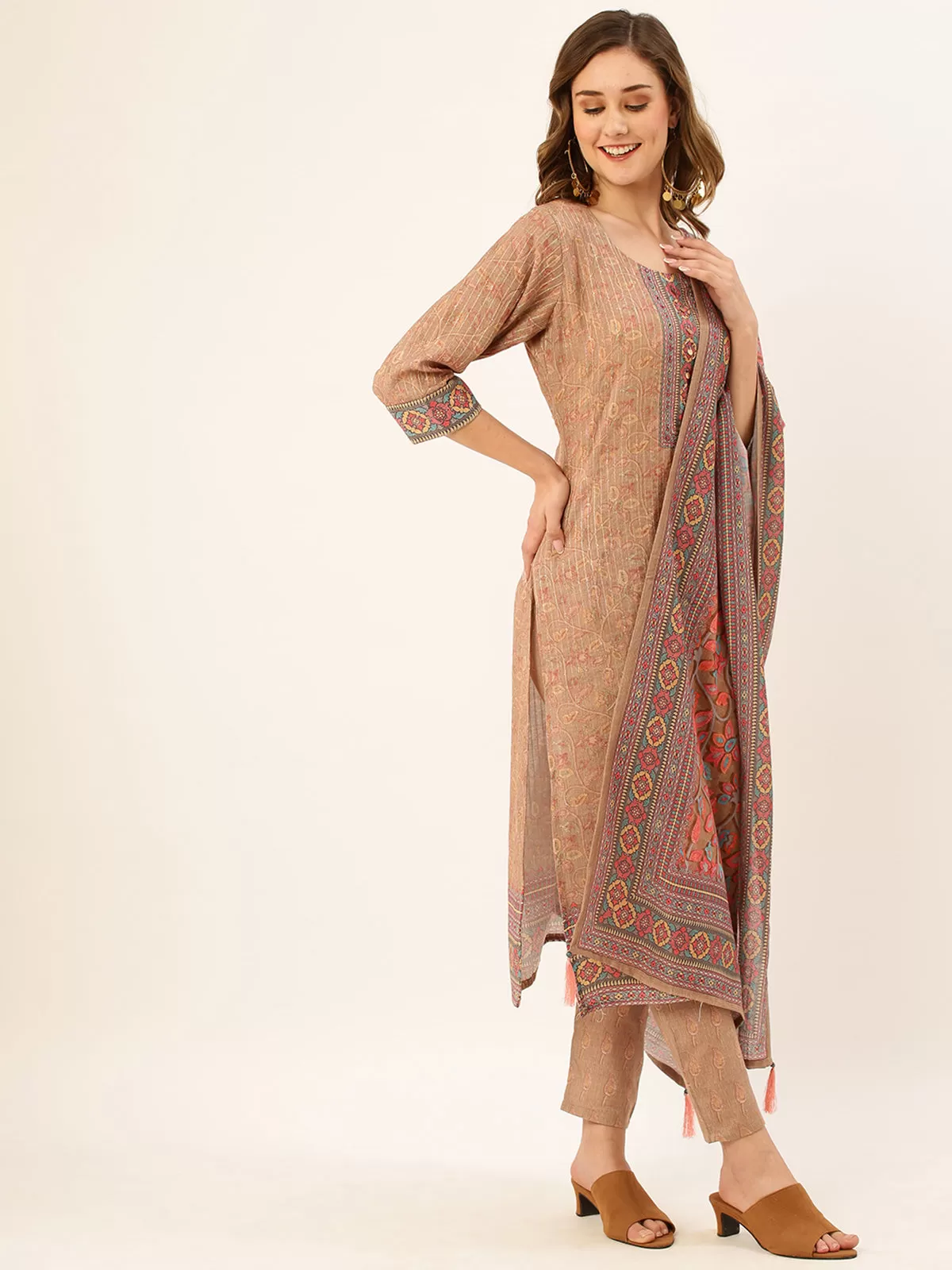 Odette Women Beige Printed Rayon Stitched Kurta Set