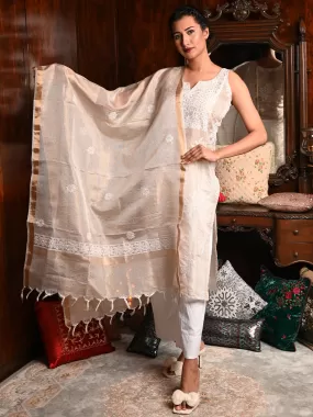 Odette Women Beige Shimmered Polyester Voile Chikankari Embroidered Unstitched Kurta with dupatta