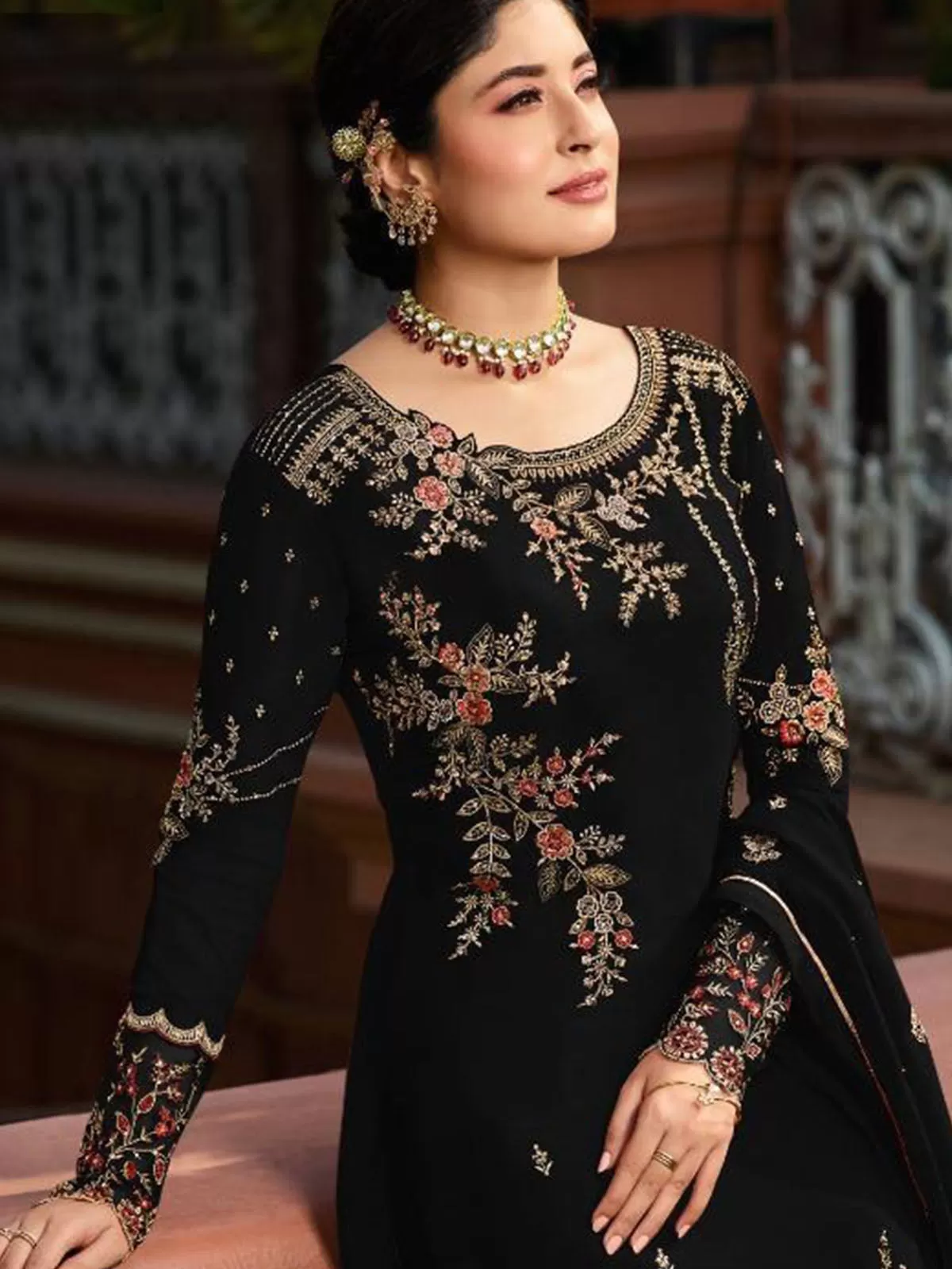 Odette Women Black Color Georgette Straight Semi Stitched Salwar Kameez