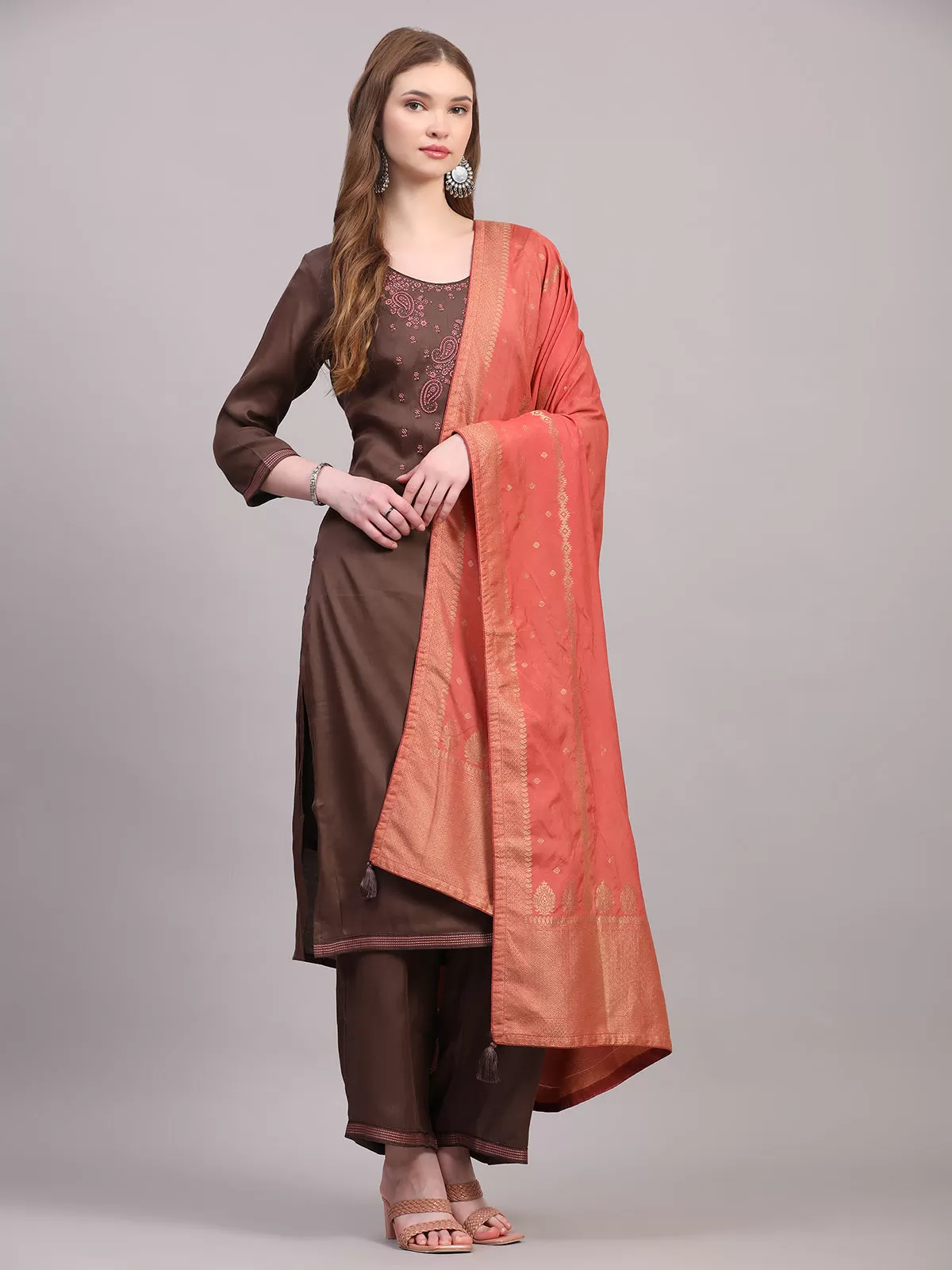 Odette Women Brown Viscose Embroidered Stitched Kurta Set