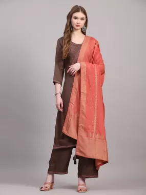 Odette Women Brown Viscose Embroidered Stitched Kurta Set