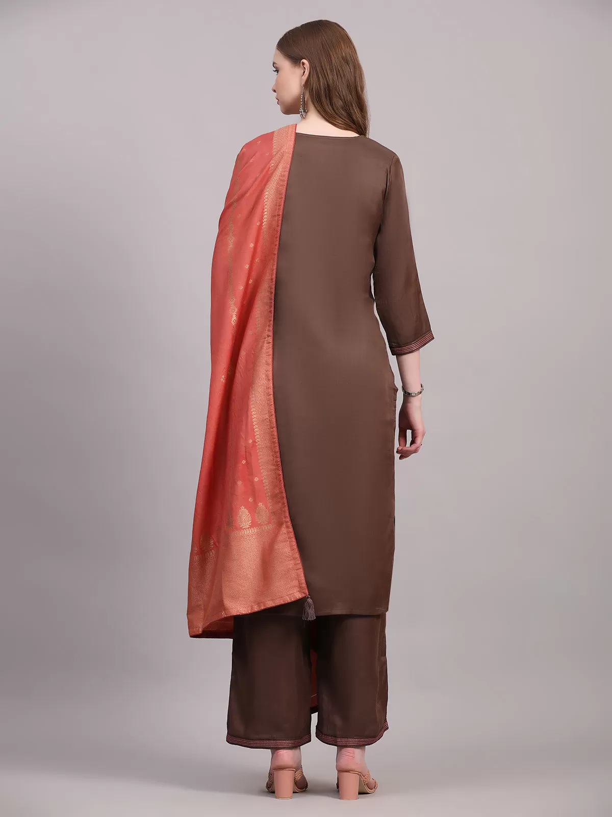 Odette Women Brown Viscose Embroidered Stitched Kurta Set