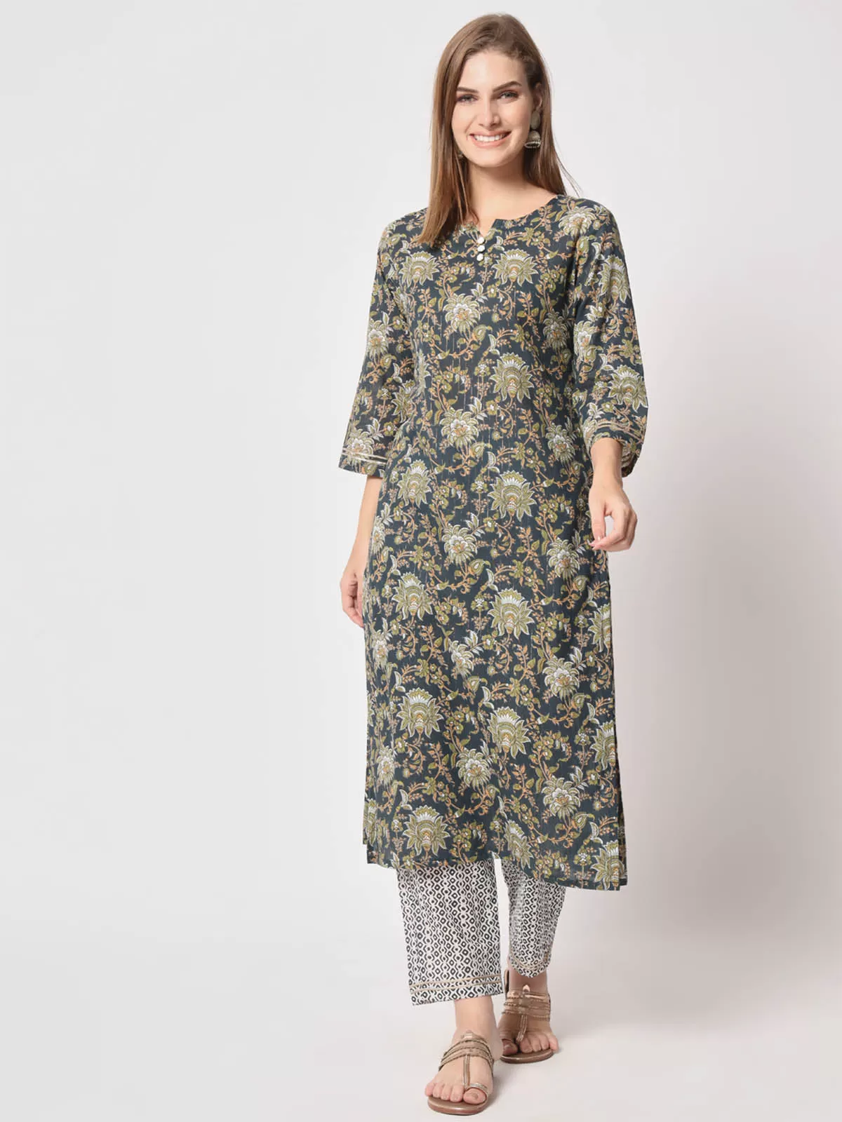 Odette Women Classic Blue Cotton Printed Stitched Kurta Set