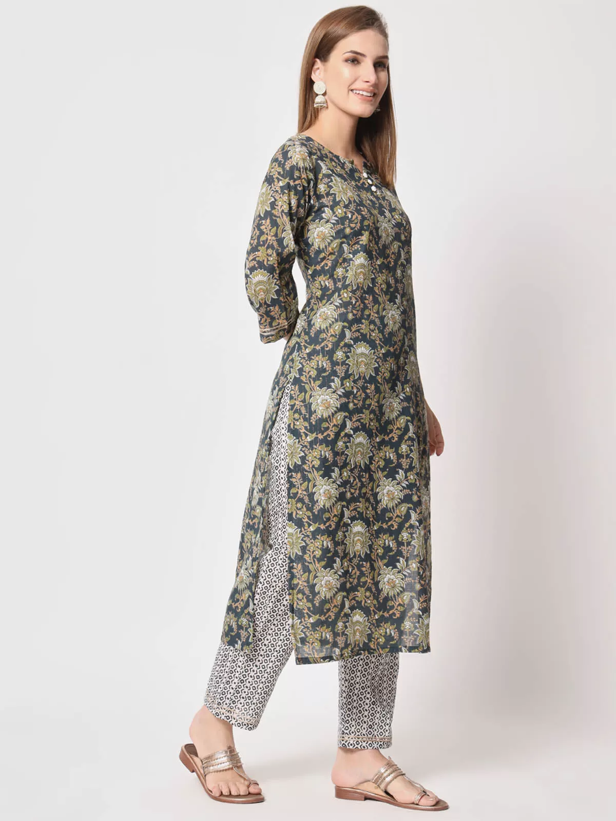 Odette Women Classic Blue Cotton Printed Stitched Kurta Set