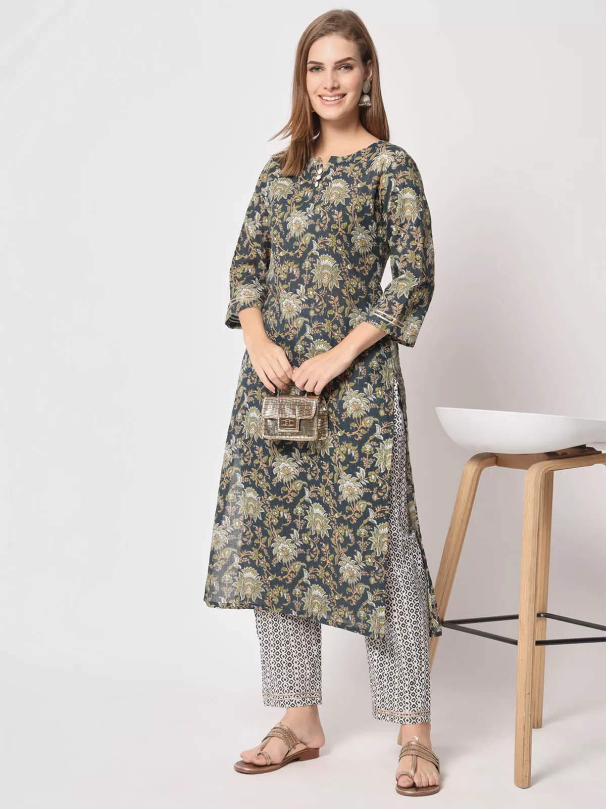 Odette Women Classic Blue Cotton Printed Stitched Kurta Set