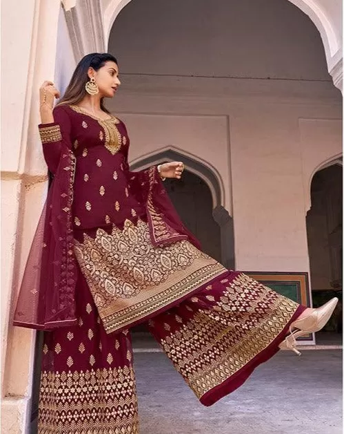 Odette Women Maroon Color Jacquard Based Party Wear Semi Stitched Suit