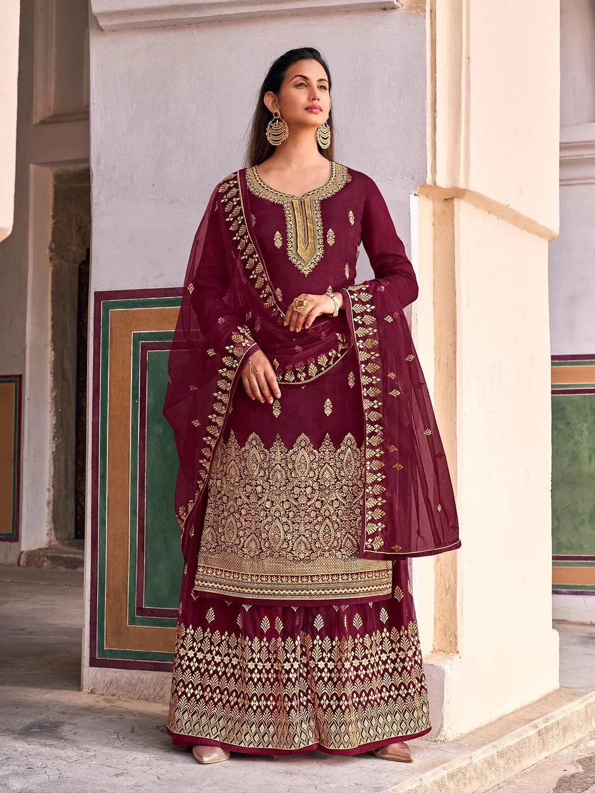 Odette Women Maroon Color Jacquard Based Party Wear Semi Stitched Suit