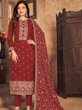 Odette Women Maroon Color Viscose Base Staight Semi Stitched Suit