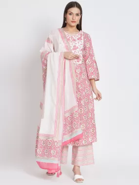 Odette Women Pink Cotton Floral Printed Stitched Kurta Set