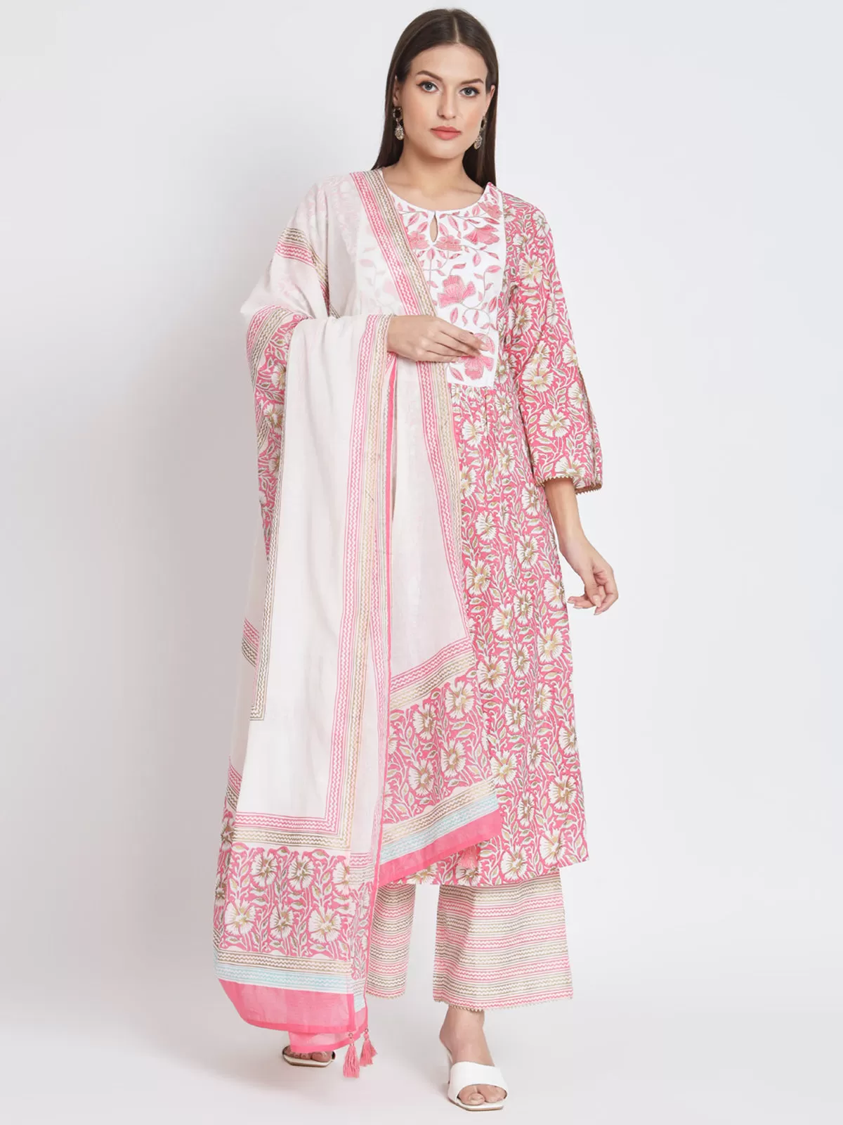 Odette Women Pink Cotton Floral Printed Stitched Kurta Set