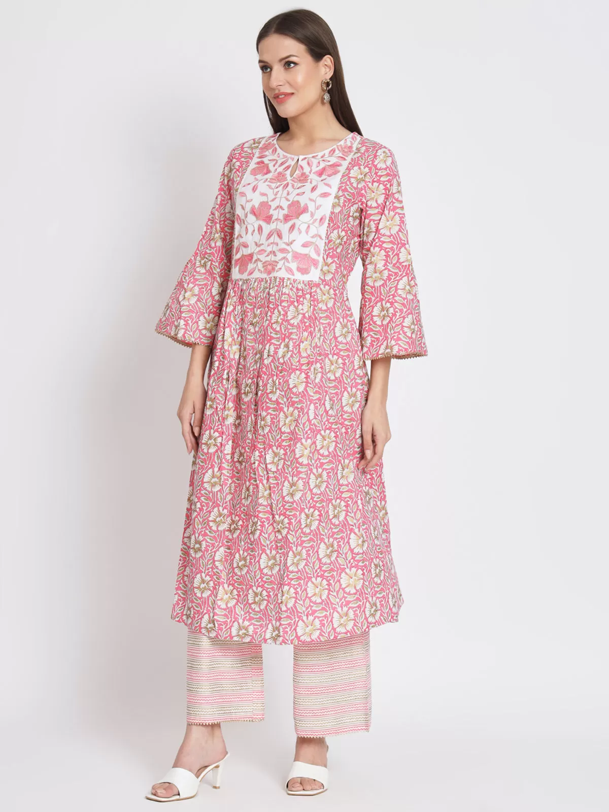 Odette Women Pink Cotton Floral Printed Stitched Kurta Set