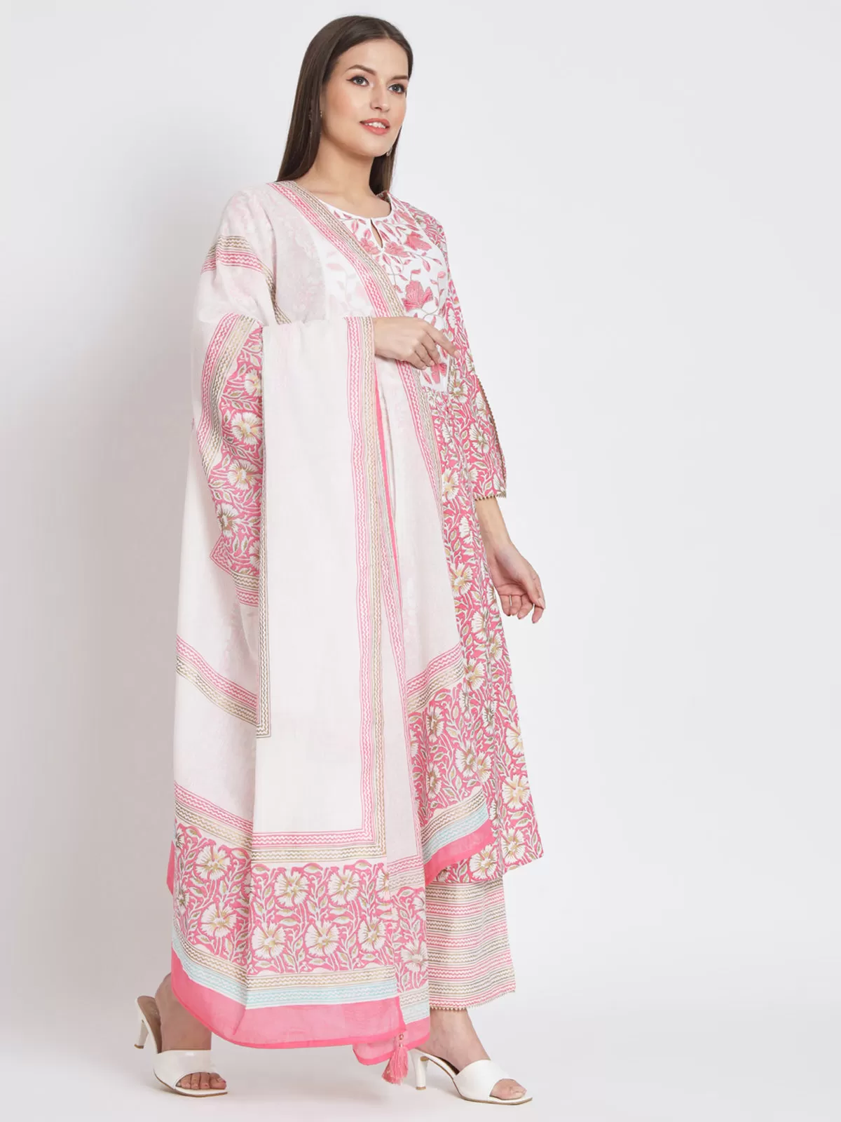 Odette Women Pink Cotton Floral Printed Stitched Kurta Set