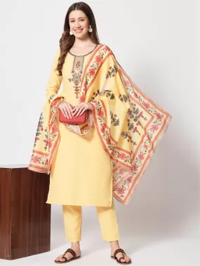 Odette Women Pretty Yellow Cotton Embroidered Stitched Kurta Set