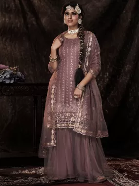 Odette Women Striking Lilac Soft Net Semi Stitched Kurta Set