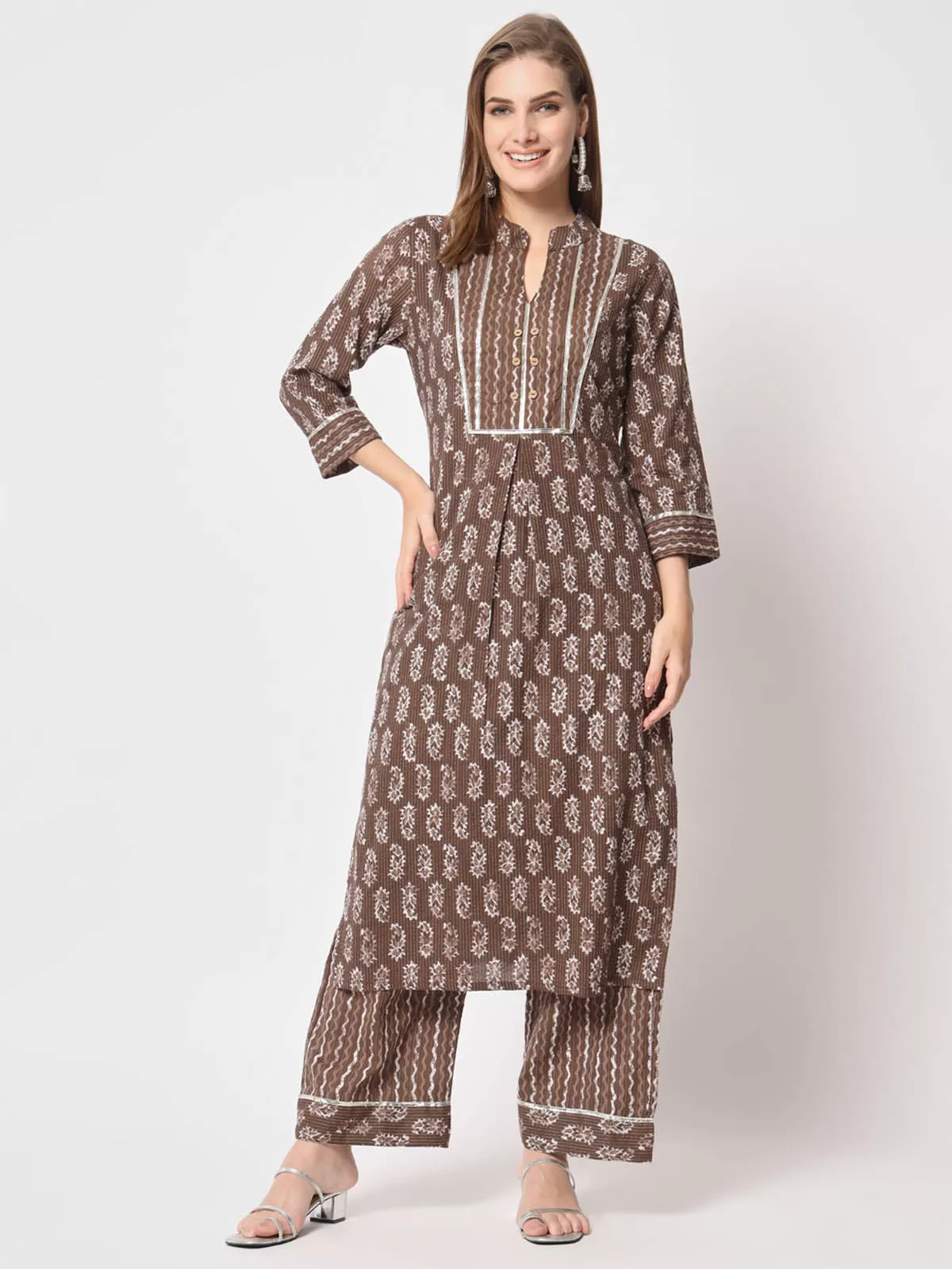 Odette Women Stunning Brown Cotton Printed Stitched Kurta Set