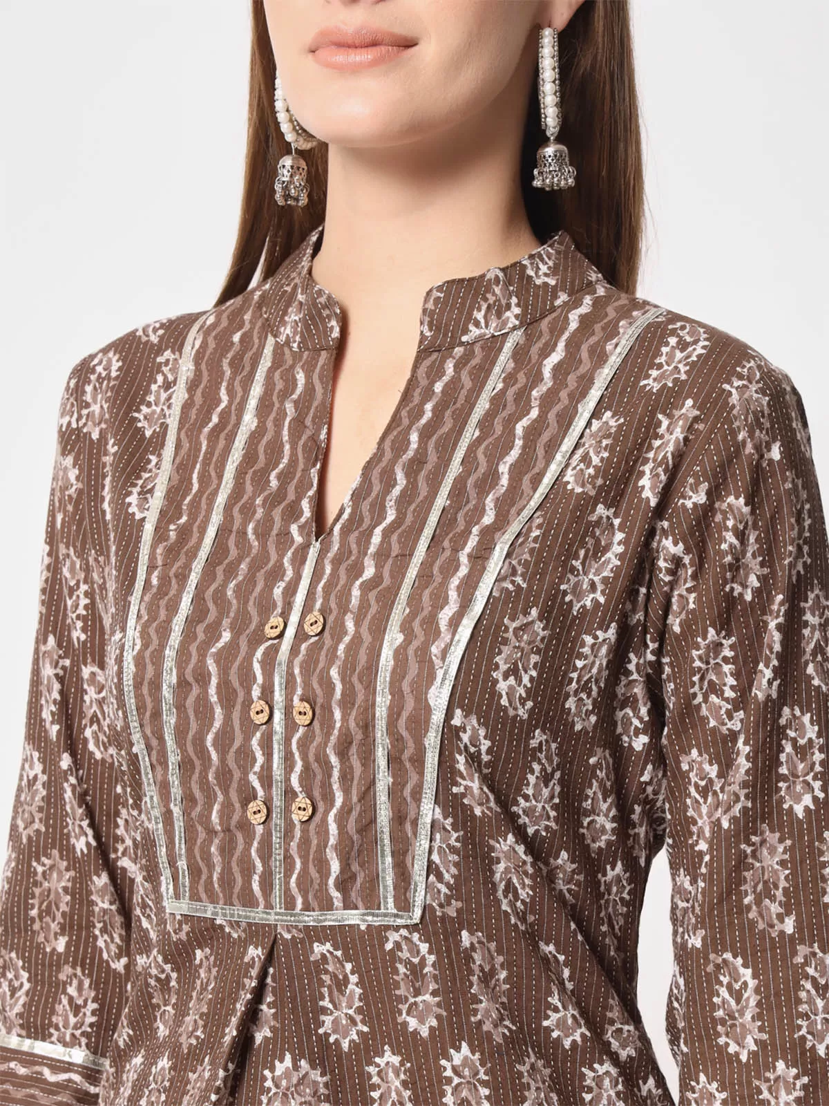 Odette Women Stunning Brown Cotton Printed Stitched Kurta Set