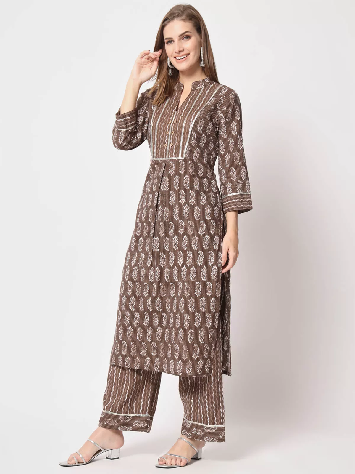 Odette Women Stunning Brown Cotton Printed Stitched Kurta Set