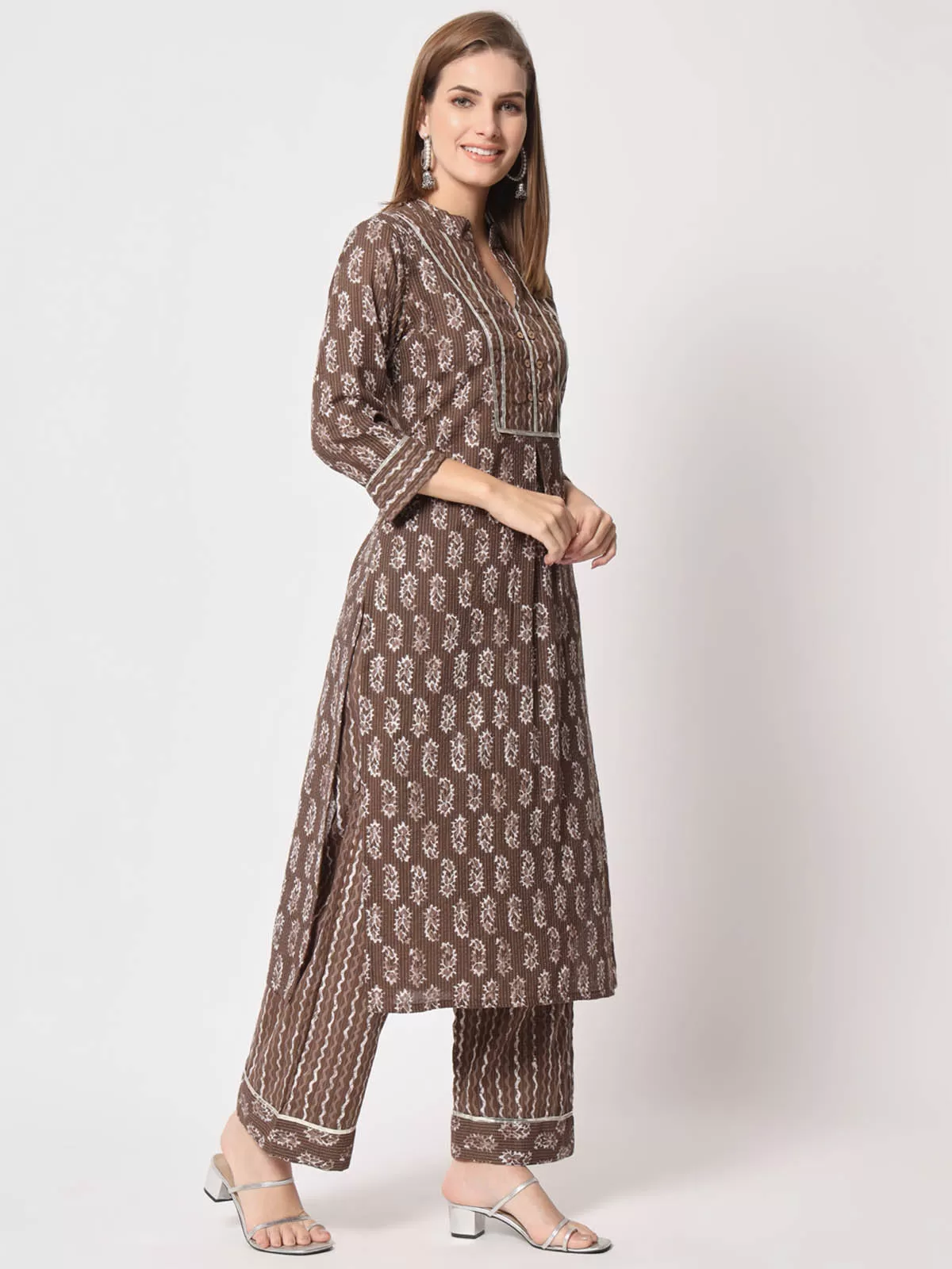 Odette Women Stunning Brown Cotton Printed Stitched Kurta Set