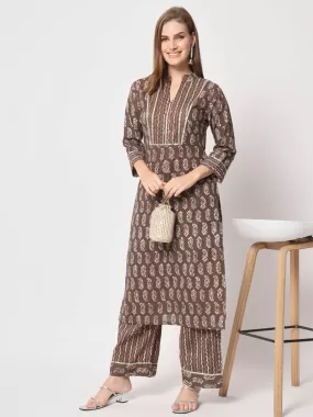 Odette Women Stunning Brown Cotton Printed Stitched Kurta Set