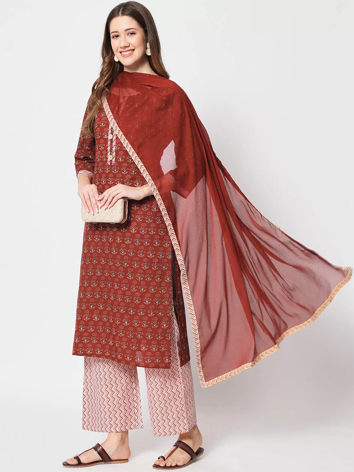 Odette Women Stunning Maroon Cotton Printed Stitched Kurta Set