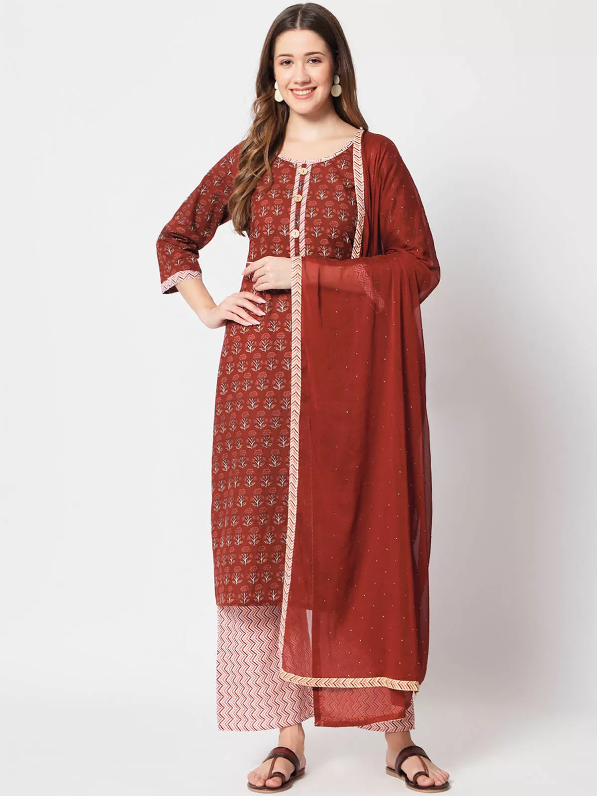 Odette Women Stunning Maroon Cotton Printed Stitched Kurta Set