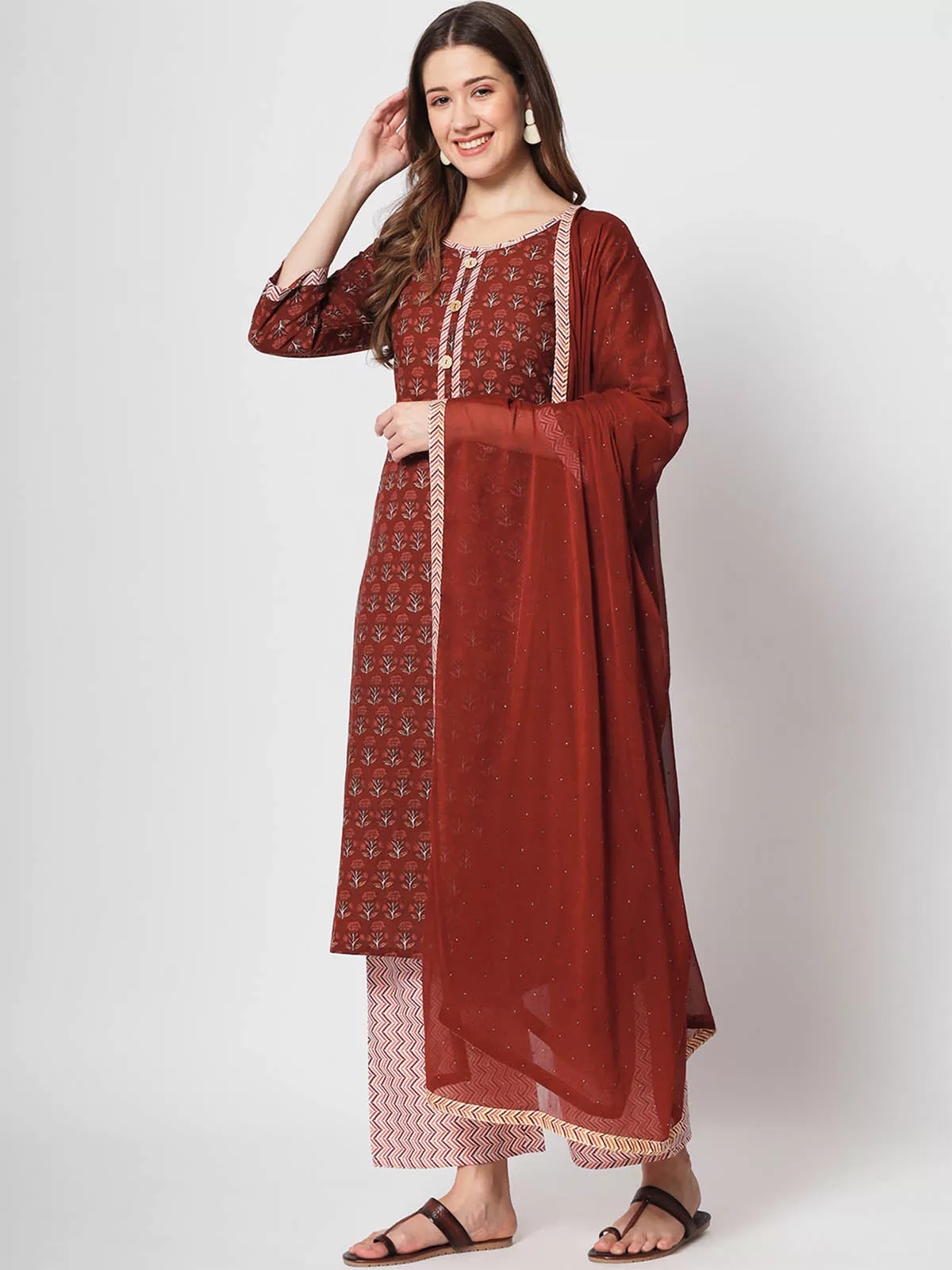 Odette Women Stunning Maroon Cotton Printed Stitched Kurta Set