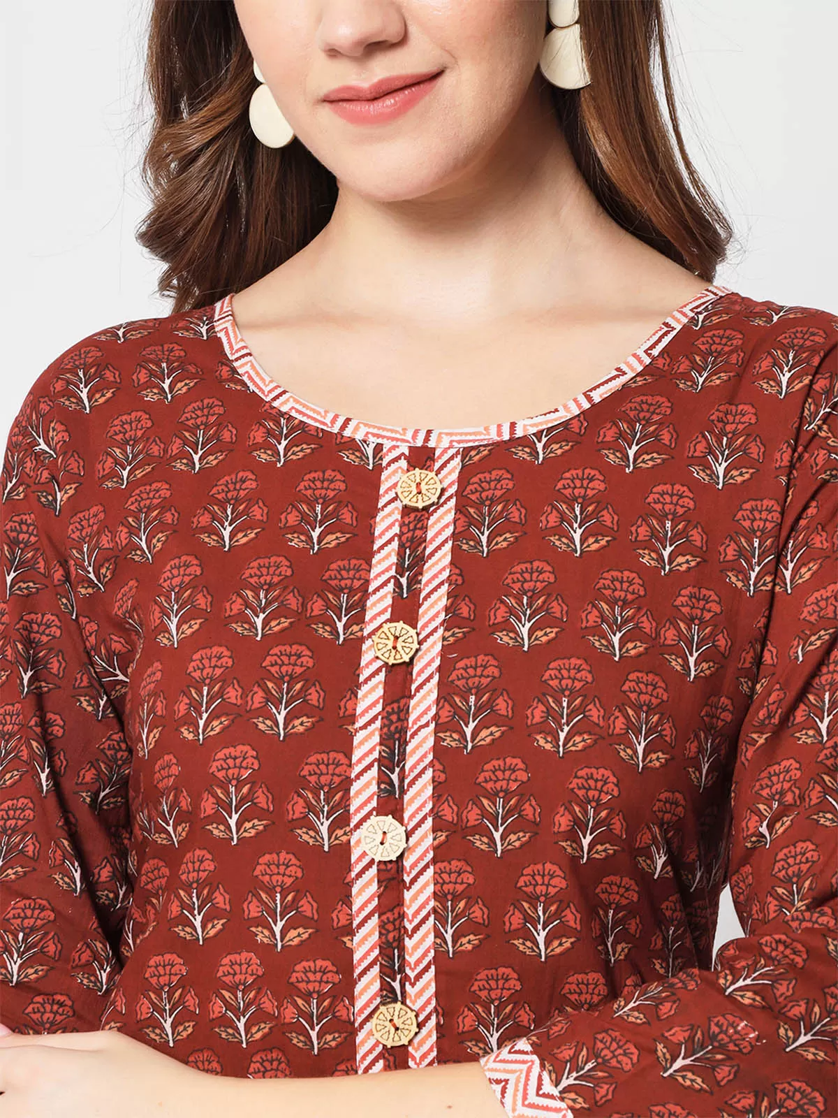 Odette Women Stunning Maroon Cotton Printed Stitched Kurta Set