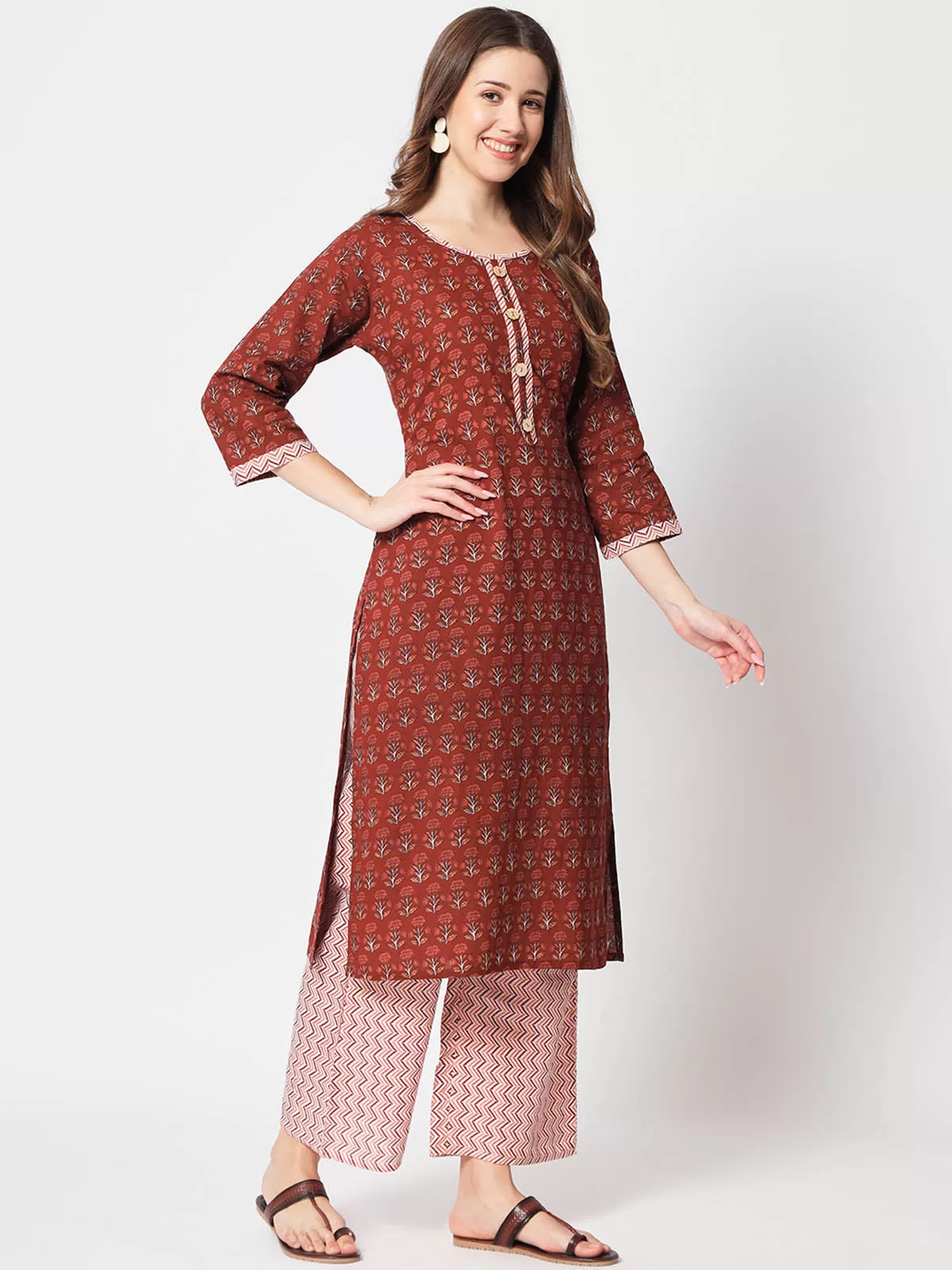 Odette Women Stunning Maroon Cotton Printed Stitched Kurta Set