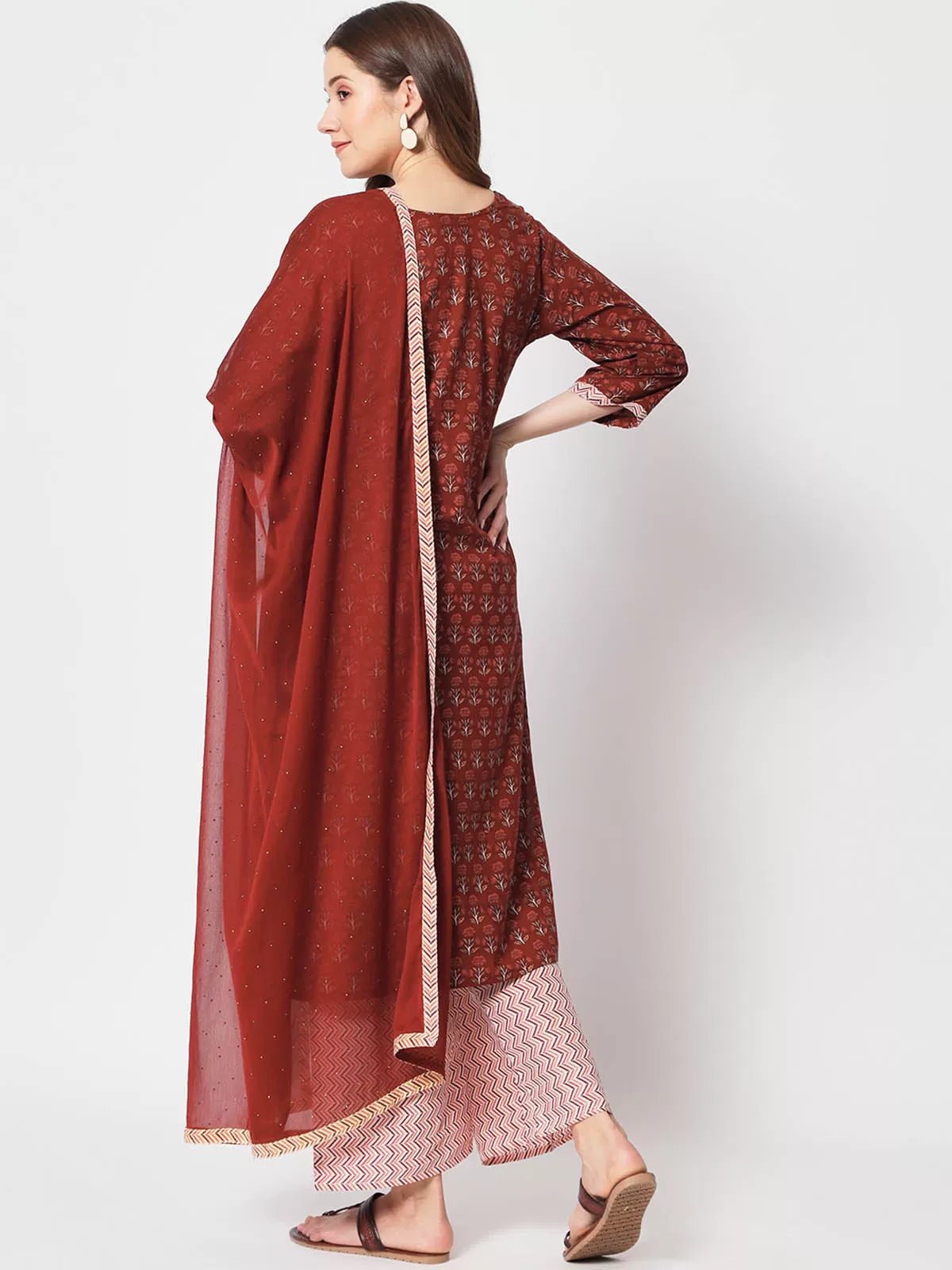 Odette Women Stunning Maroon Cotton Printed Stitched Kurta Set