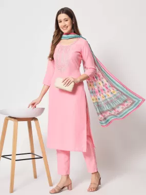 Odette Women Stunning Pink Cotton Embroidered Stitched Kurta Set